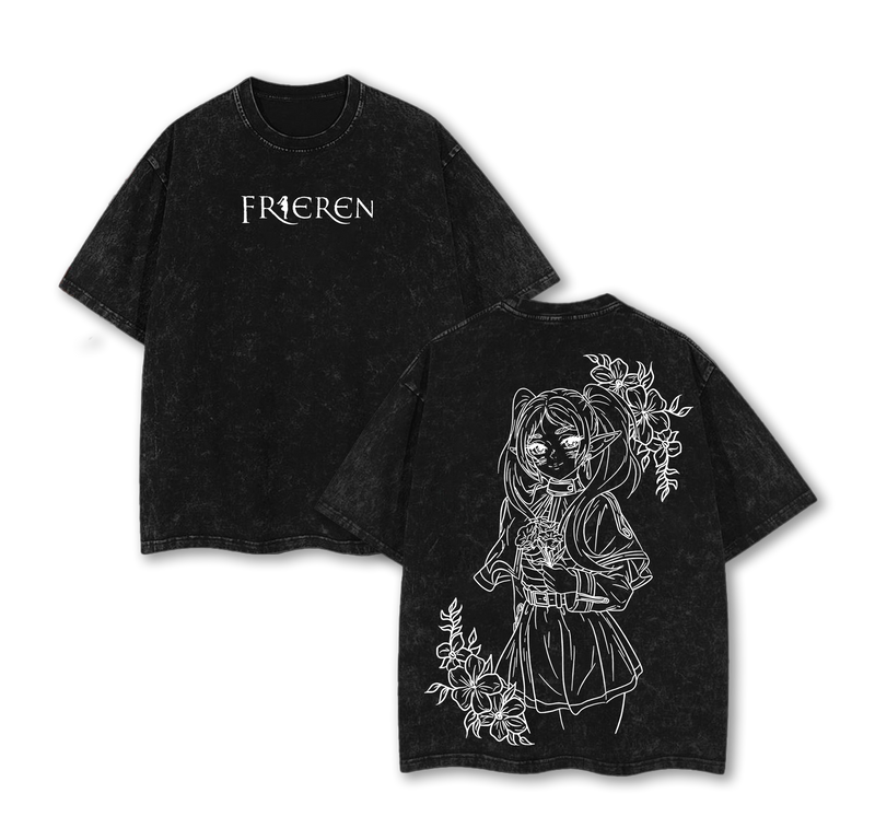 Frieren T-Shirt Beyond Journey’s End Anime Graphic Tee Elf Mage Oversized Acid Washed Cotton Shirt Anime Merch Gift for Anime Fans