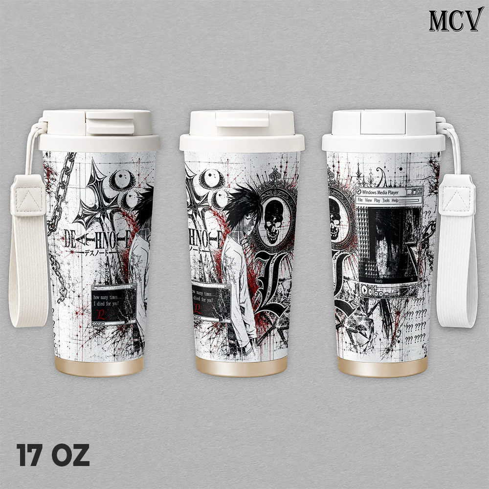 L Lawliet Death Note Tumbler 17oz 24oz 30oz, Premium Insulated Stainless Steel Travel Mug with Handle and Lid, Anime Manga Graphic Design, L Character and Ryuk Artwork, Reusable Coffee Water Cup Gift for Fans