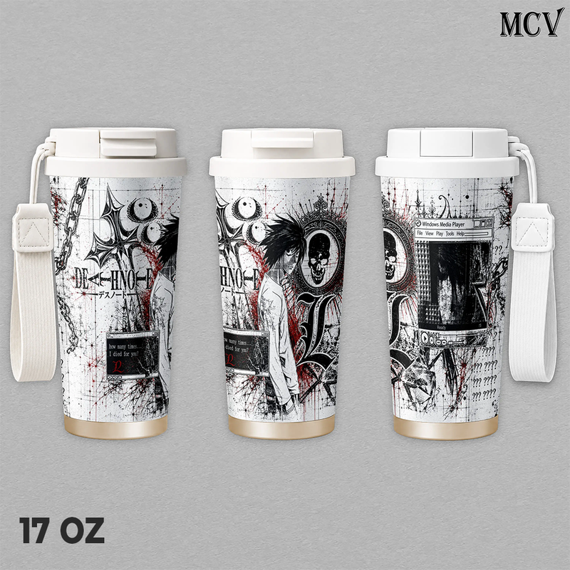 L Lawliet Death Note Tumbler 17oz 24oz 30oz, Premium Insulated Stainless Steel Travel Mug with Handle and Lid, Anime Manga Graphic Design, L Character and Ryuk Artwork, Reusable Coffee Water Cup Gift for Fans