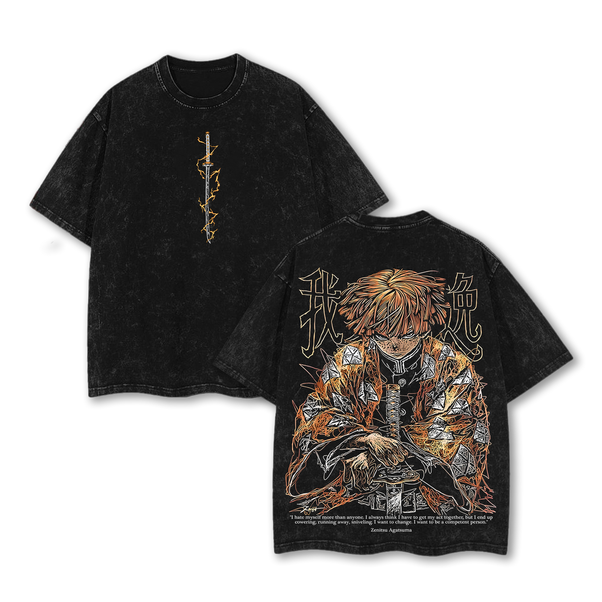 Zenitsu Agatsuma T-Shirt - Demon Slayer t-shirt Menswear Anime Double Printed Oversize Lightweight Acid Washed Tee