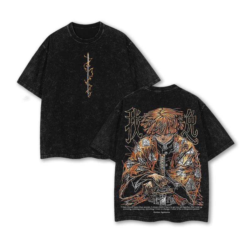 Zenitsu Agatsuma T-Shirt - Demon Slayer t-shirt Menswear Anime Double Printed Oversize Lightweight Acid Washed Tee