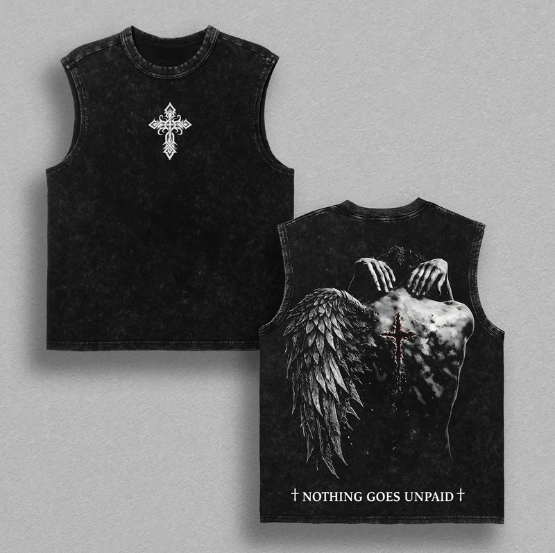 Nothing Goes Unpaid Christian Shirt Tank Top Hoodie Sweatshirt Vintage Washed Angel Wings Cross Back Graphic Faith Over Pain Jesus Redemption Streetwear Gift for Believers