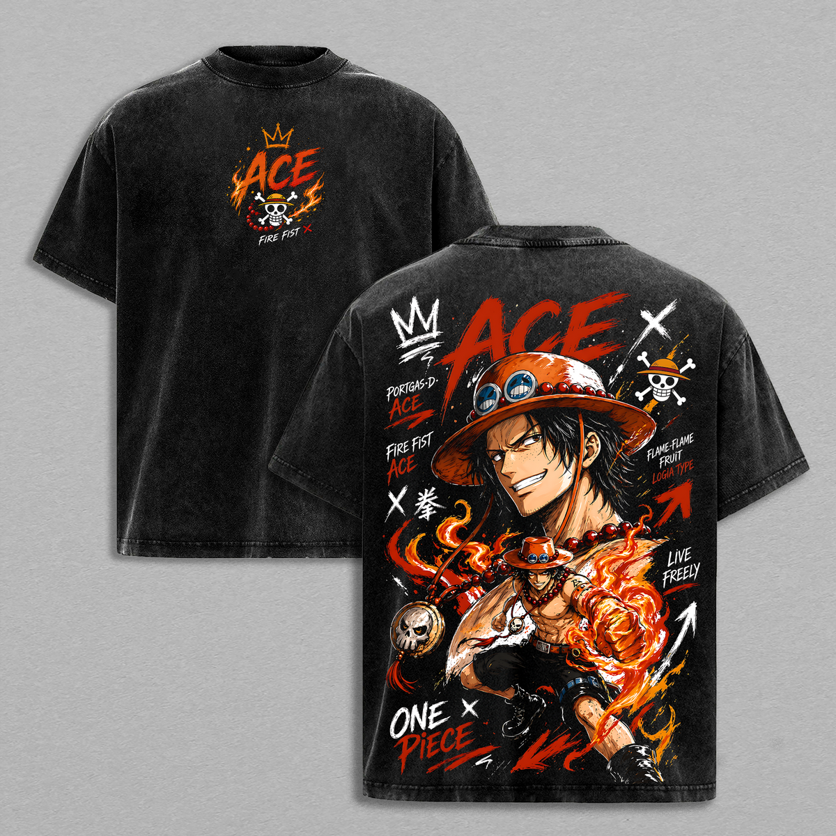 Retro Vintage Portgas D. Ace 1 Piecee Washed Oversized T-Shirt, Santoryu Three Sword Style Anime Graphic Tee, Pirate Hunter Enma Katana Manga Shirt, Heavyweight Cotton Y2K Streetwear, Unisex Casual Anime Top, OP Fan Gift Apparel