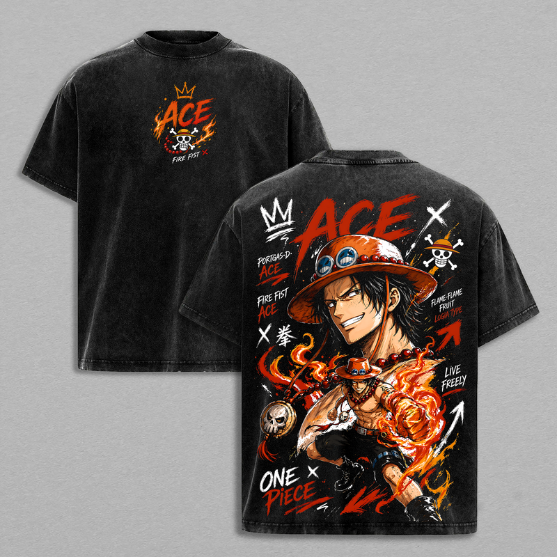 Retro Vintage Portgas D. Ace 1 Piecee Washed Oversized T-Shirt, Santoryu Three Sword Style Anime Graphic Tee, Pirate Hunter Enma Katana Manga Shirt, Heavyweight Cotton Y2K Streetwear, Unisex Casual Anime Top, OP Fan Gift Apparel