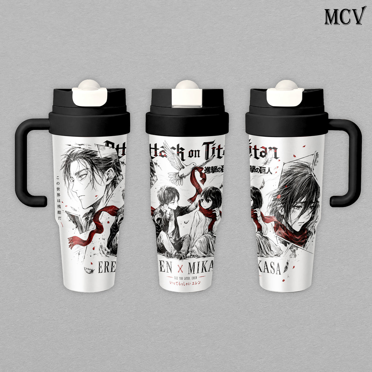 Eren Yeager & Mikasa Ackerman - Attack on Titan Anime - Red Scarf Manga Romance Embossed Raised Art - 17oz 24oz 30oz Insulated Tumbler, Stainless Steel Water Bottle, Straw Cup, Handle Travel Mug