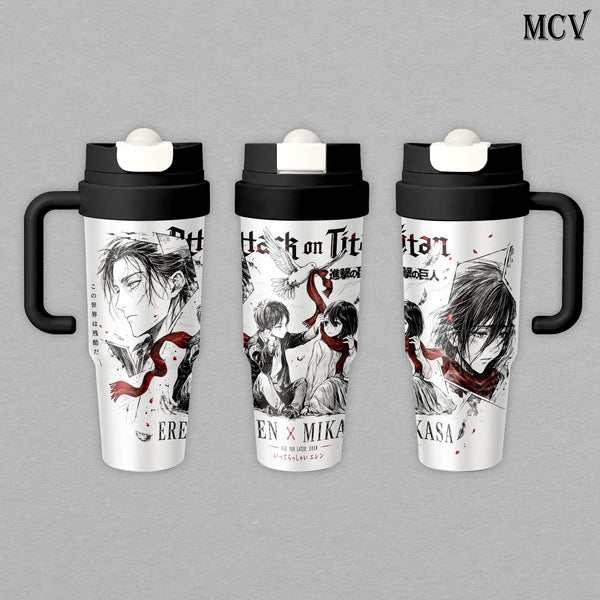 Eren Yeager & Mikasa Ackerman - Attack on Titan Anime - Red Scarf Manga Romance Embossed Raised Art - 17oz 24oz 30oz Insulated Tumbler, Stainless Steel Water Bottle, Straw Cup, Handle Travel Mug
