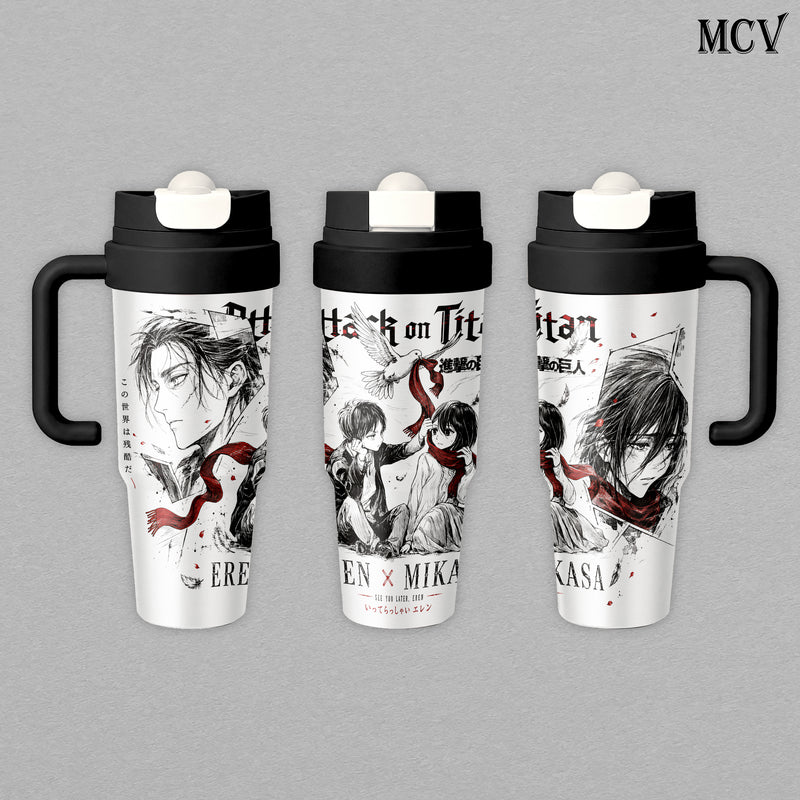 Eren Yeager & Mikasa Ackerman - Attack on Titan Anime - Red Scarf Manga Romance Embossed Raised Art - 17oz 24oz 30oz Insulated Tumbler, Stainless Steel Water Bottle, Straw Cup, Handle Travel Mug