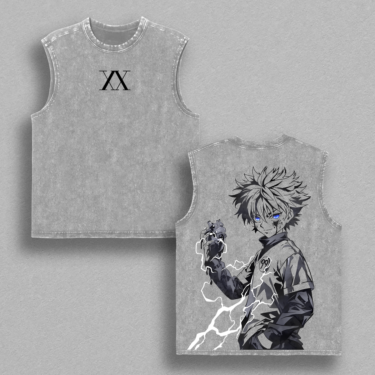 KILLUA Hunter X Hunter Anime Double Printed Vintage Washed Tee Unisex Oversize Heavyweight Cotton Tshirt for Anime Fans and Lovers Comfort Streetwear Fabric Oversized Top Womenswear