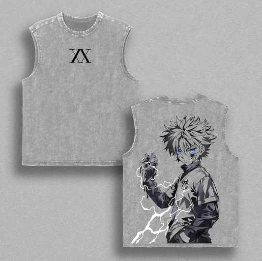 KILLUA Hunter X Hunter Anime Double Printed Vintage Washed Tee Unisex Oversize Heavyweight Cotton Tshirt for Anime Fans and Lovers Comfort Streetwear Fabric Oversized Top Womenswear