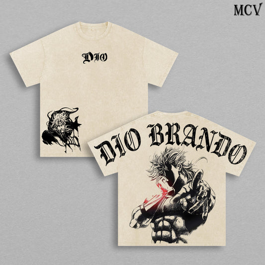 Dio Brando Anime Vintage Washed T-Shirt, Vampire Villain Graphic Tee, JoJo Style Manga Streetwear Heavy Cotton Shirt