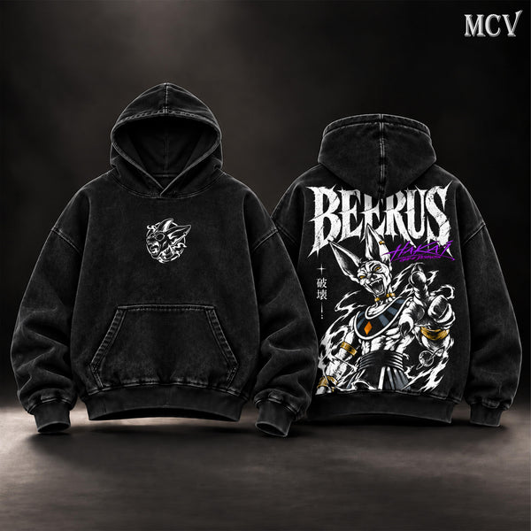 Beerus Dragon Ball Super Vintage Washed Oversized Hoodie, Double-Sided God of Destruction Anime Graphic Pullover, Lord Beerus Hakaishin Design, Retro Y2K Streetwear, Unisex Dragon Ball Fan Gift
