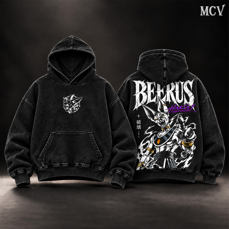 Beerus Dragon Ball Super Vintage Washed Oversized Hoodie, Double-Sided God of Destruction Anime Graphic Pullover, Lord Beerus Hakaishin Design, Retro Y2K Streetwear, Unisex Dragon Ball Fan Gift