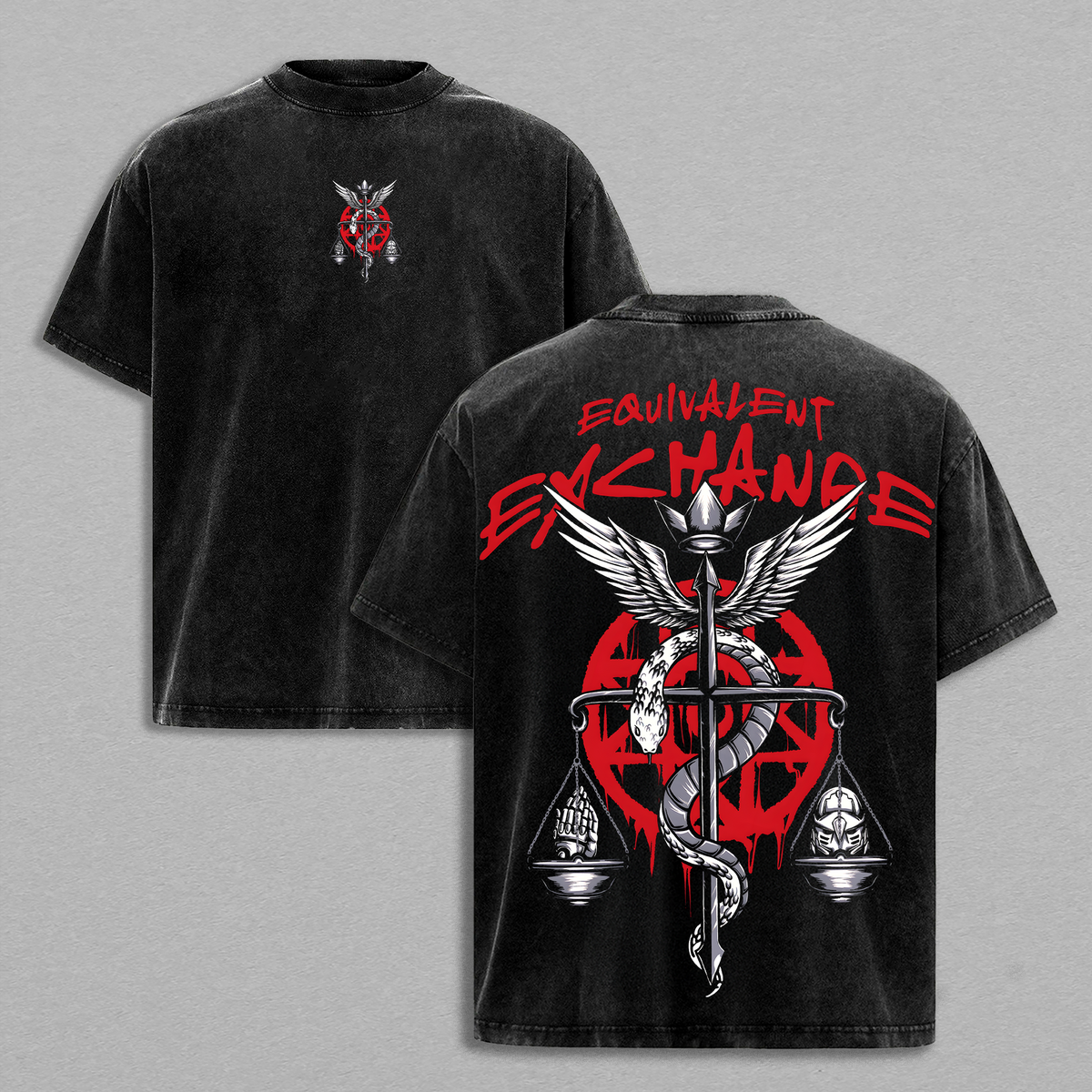Equivalent Exchange - Fullmetal Alchemist Anime Double Printed Oversize Lightweight Acid Washed Tee, Gift For anime lover, anime merch