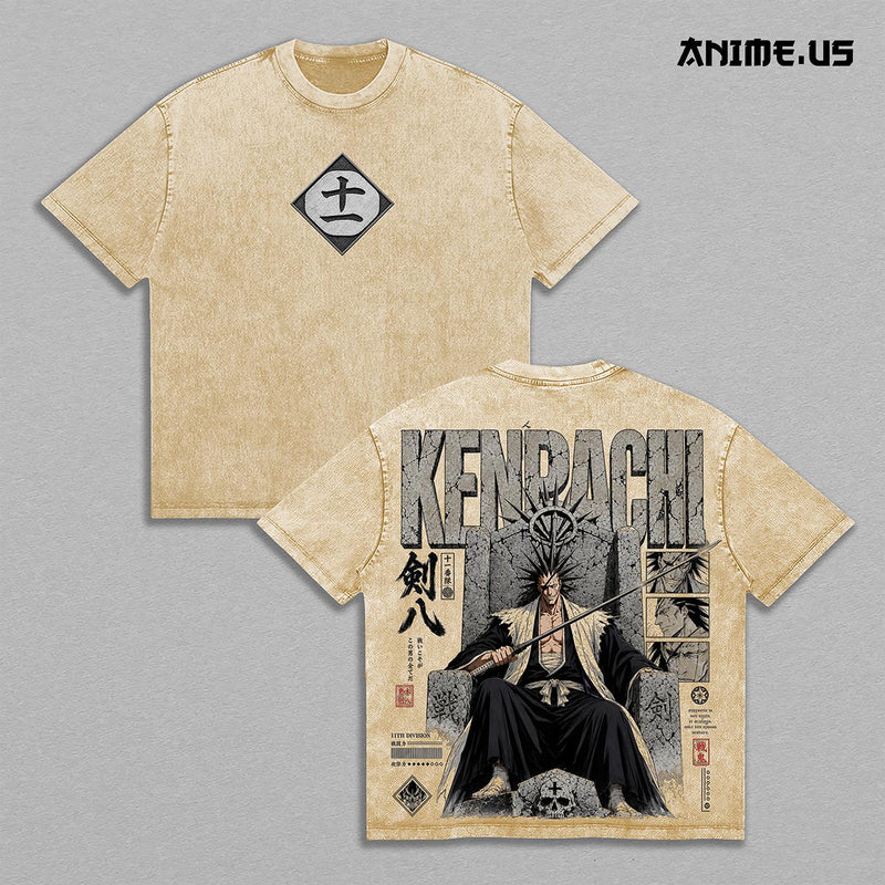 Kenpachi Zaraki Bleach 11th Division Captain Vintage Washed Heavyweight Cotton T-Shirt, Soul Reaper Anime Graphic Tee, Double Sided Oversized Streetwear Shirt, Zaraki Kenpachi Manga Unisex Fan Gift