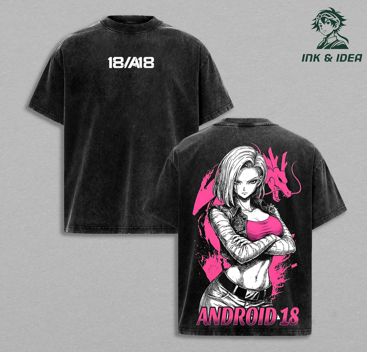 Android 18 DBZ Vintage Washed Oversized Anime Shirt, Strong Waifu Pink Aesthetic Graphic Tee, Heavyweight Cotton Streetwear, Unisex Gift