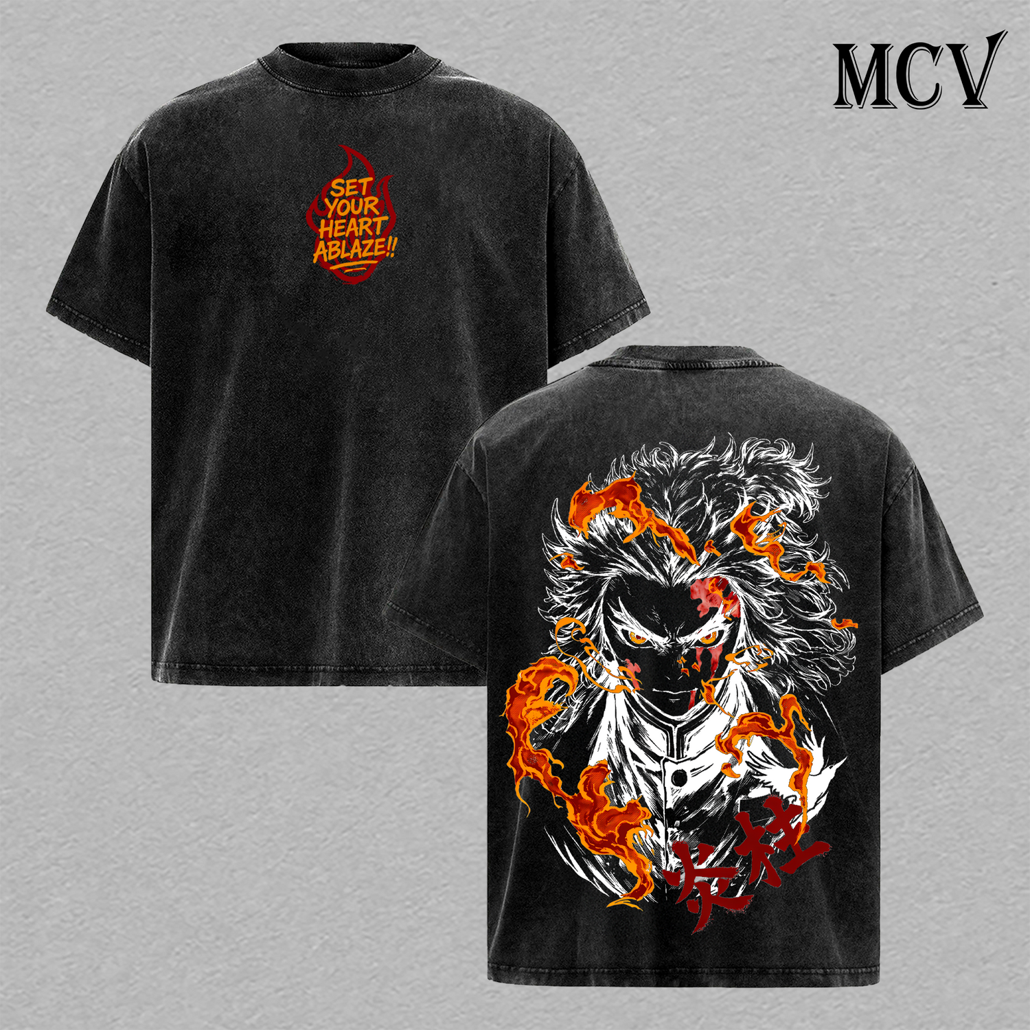 Rengoku T-Shirt, Demon Slayer Anime Tee, Flame Hashira Graphic Vintage Washed Tee