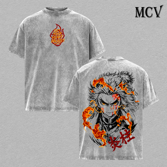 Rengoku T-Shirt, Demon Slayer Anime Tee, Flame Hashira Graphic Vintage Washed Tee
