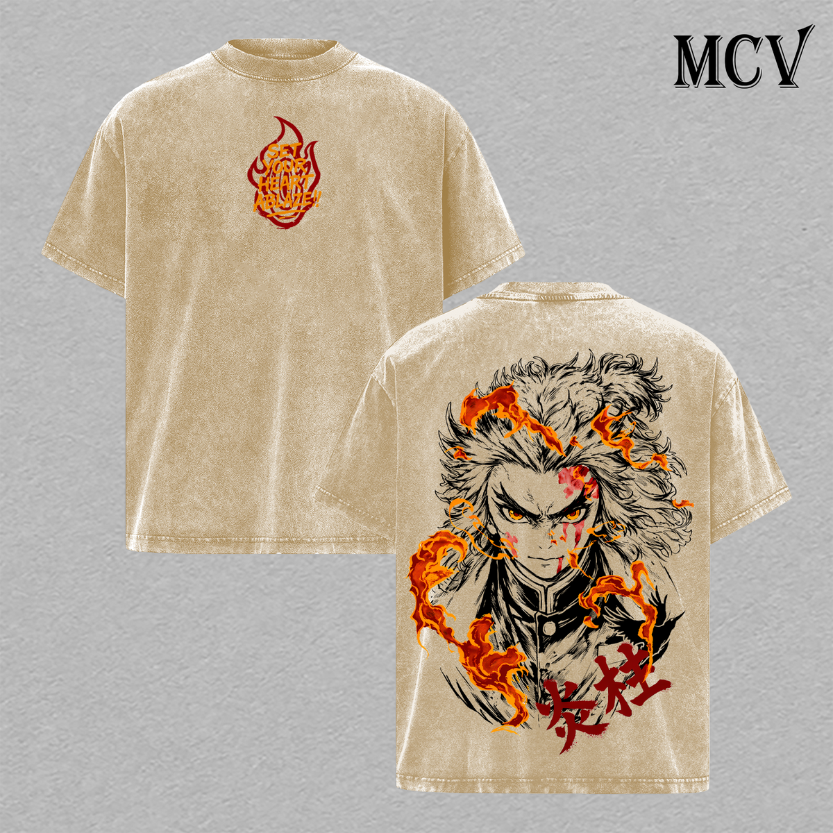 Rengoku T-Shirt, Demon Slayer Anime Tee, Flame Hashira Graphic Vintage Washed Tee