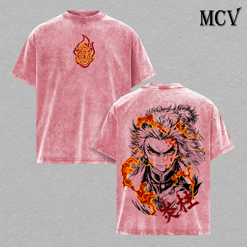Rengoku T-Shirt, Demon Slayer Anime Tee, Flame Hashira Graphic Vintage Washed Tee