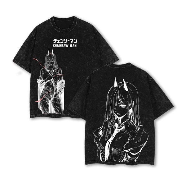 Power - Chainsaw Man Anime Double Printed Vintage Washed Tee
