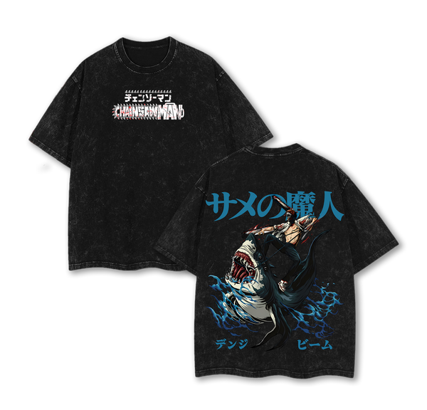 Denji & Beam Shark Fiend Graphic Tee | Chainsaw Man Vintage Washed Anime T-Shirt