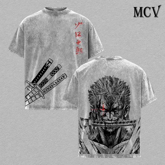 Zoro Three Sword Style T-Shirt, One Piece Anime Tee, Santoryu Swordsman Graphic Vintage Washed Tee