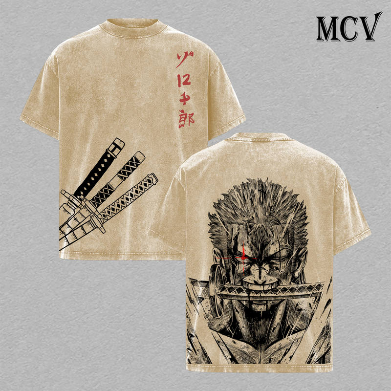 Zoro Three Sword Style T-Shirt, One Piece Anime Tee, Santoryu Swordsman Graphic Vintage Washed Tee