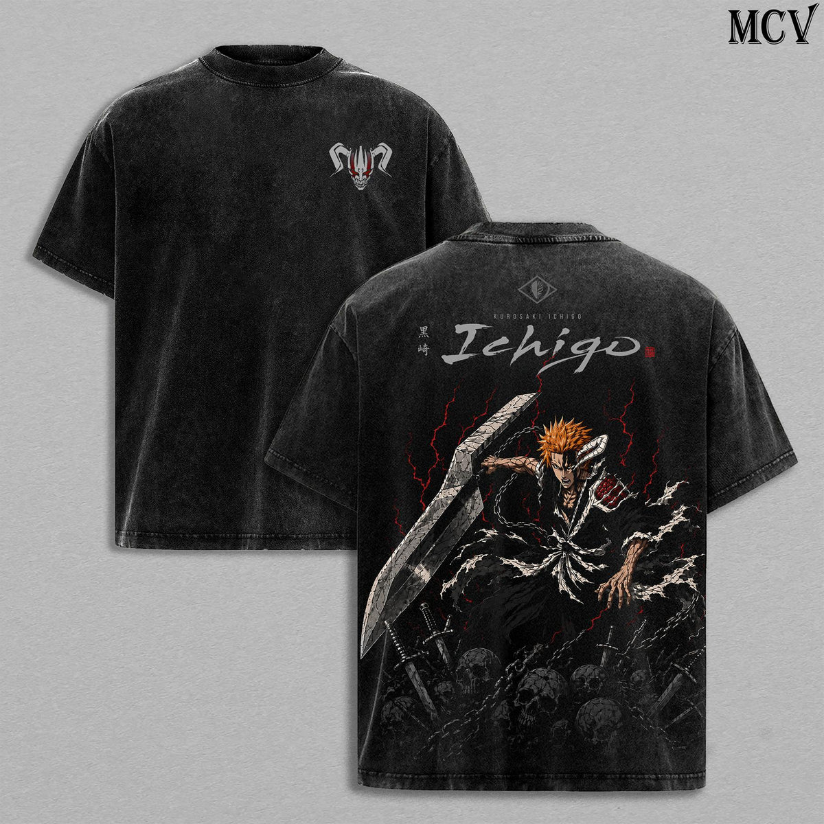 Kurosaki Ichigo Bleach Tee – Ichigo Kurosaki Vintage Washed T-Shirt | Bankai Tensa Zangetsu | TYBW The Calamity Anime Manga Graphic Tee | Heavy Cotton Unisex Oversized Streetwear Top