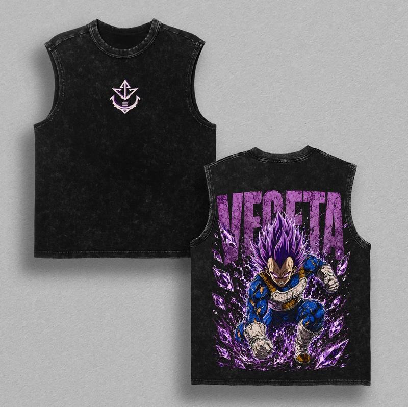 Vegeta Saiyan Prince Dragon Ball Z Legendary Saiyan Warrior Purple Power Form Double Printed Vintage Tee, Pride Warrior Destruction Energy Battle Aura Anime Graphic Shirt Heavyweight Cotton Unisex Streetwear