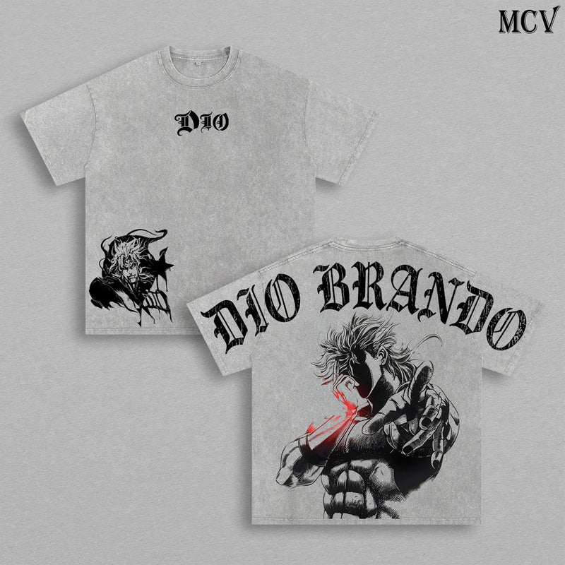 Dio Brando Anime Vintage Washed T-Shirt, Vampire Villain Graphic Tee, JoJo Style Manga Streetwear Heavy Cotton Shirt