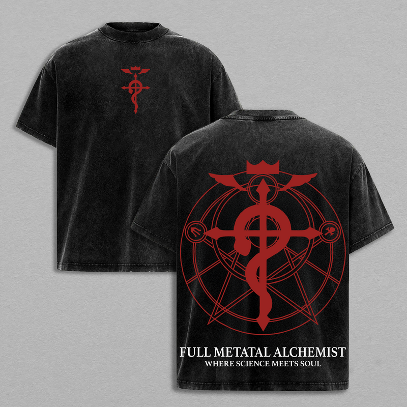 Fullmetal Alchemist Brotherhood Anime Tee – Edward & Alphonse Elric Vintage Washed T-Shirt – FMA Alchemy Symbol Graphic Tee for Anime Fans & Streetwear Enthusiasts Clothing, Menswear, Soft, Classic