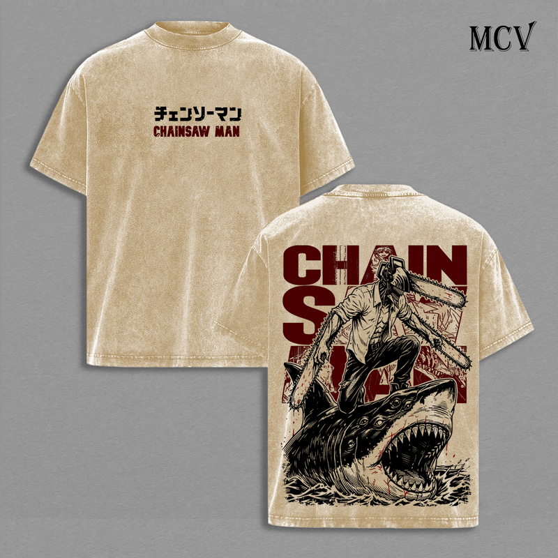 Chainsaw Man Denji Vintage Washed T-Shirt, Chainsaw Devil Anime Graphic Tee, Dark Manga Streetwear Heavy Cotton Shirt