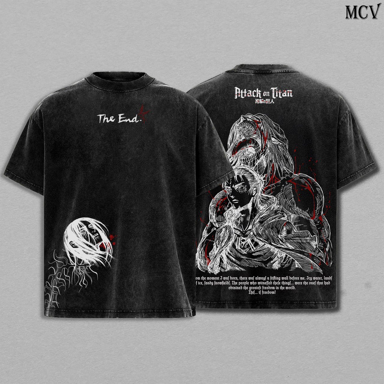 Eren Yeager The End – Attack on Titan Vintage Washed Anime Graphic T-Shirt Final Arc Dark Streetwear