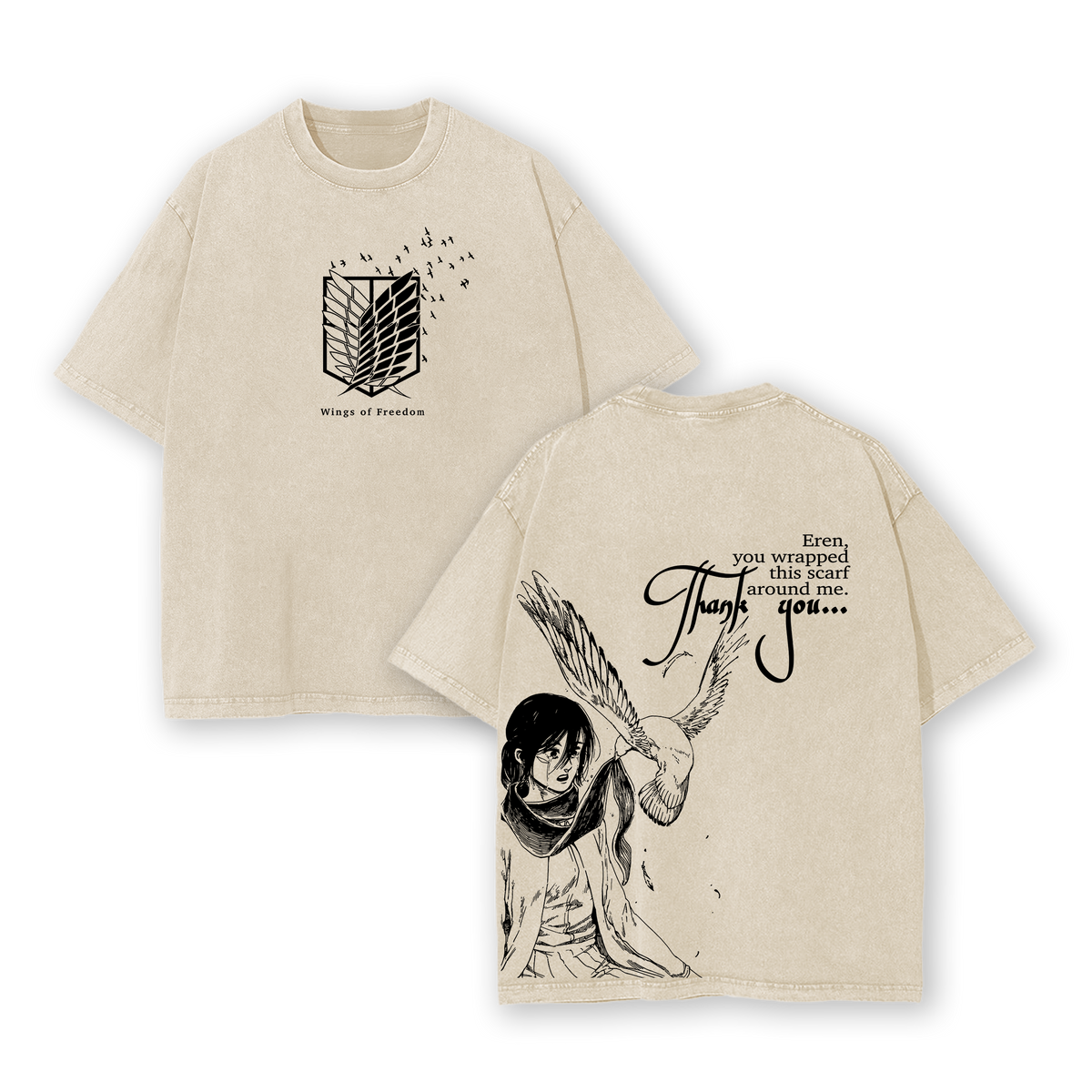 Wings Of Freedom Attack On Titan Anime Double Printed Vintage Washed Tee