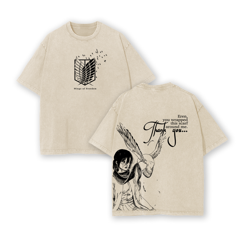 Wings Of Freedom Attack On Titan Anime Double Printed Vintage Washed Tee