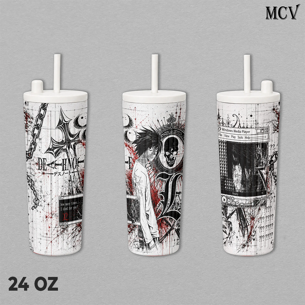 L Lawliet Death Note Tumbler 17oz 24oz 30oz, Premium Insulated Stainless Steel Travel Mug with Handle and Lid, Anime Manga Graphic Design, L Character and Ryuk Artwork, Reusable Coffee Water Cup Gift for Fans
