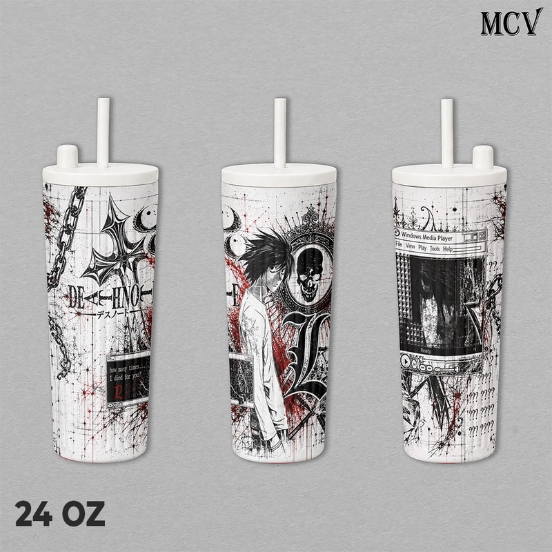 L Lawliet Death Note Tumbler 17oz 24oz 30oz, Premium Insulated Stainless Steel Travel Mug with Handle and Lid, Anime Manga Graphic Design, L Character and Ryuk Artwork, Reusable Coffee Water Cup Gift for Fans