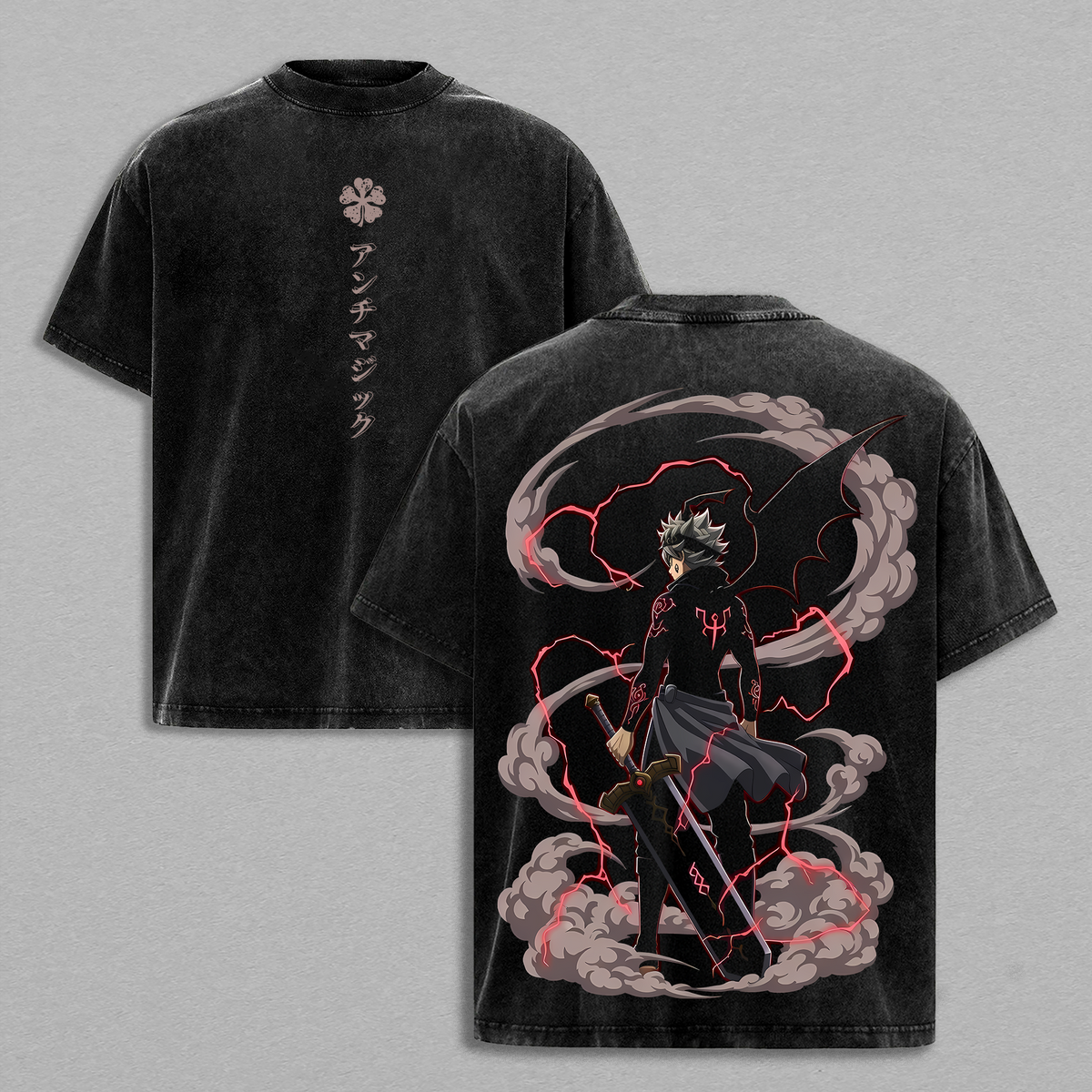 Asta Black Clover Anime Vintage Washed Oversized Graphic Tee Black Form Demon Power Magic Knight Streetwear Shirt