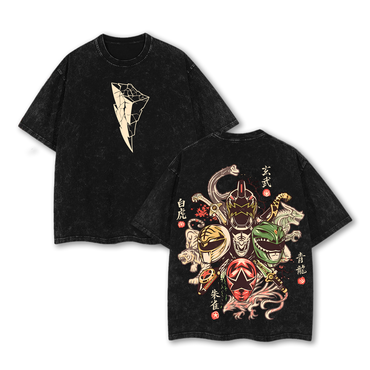 'Four Symbols' Power Rangers x Mighty Morphin x Samurai Rangers x Super Sentai Washed T-Shirt