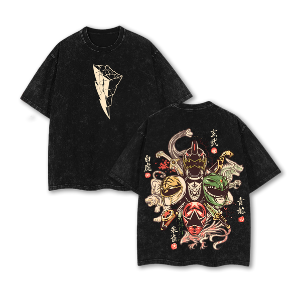 'Four Symbols' Power Rangers x Mighty Morphin x Samurai Rangers x Super Sentai Washed T-Shirt