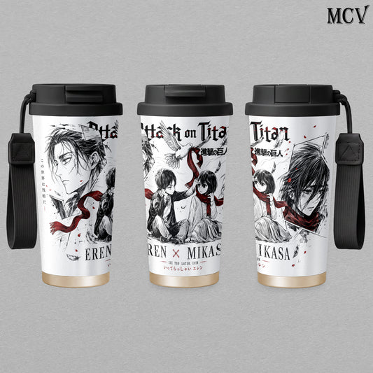Eren Yeager & Mikasa Ackerman - Attack on Titan Anime - Red Scarf Manga Romance Embossed Raised Art - 17oz 24oz 30oz Insulated Tumbler, Stainless Steel Water Bottle, Straw Cup, Handle Travel Mug