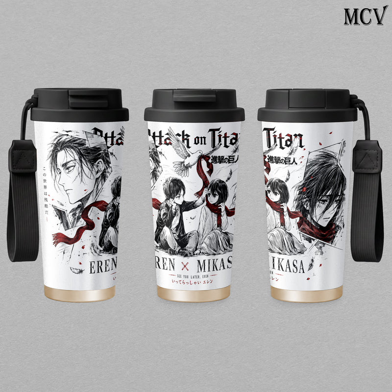 Eren Yeager & Mikasa Ackerman - Attack on Titan Anime - Red Scarf Manga Romance Embossed Raised Art - 17oz 24oz 30oz Insulated Tumbler, Stainless Steel Water Bottle, Straw Cup, Handle Travel Mug
