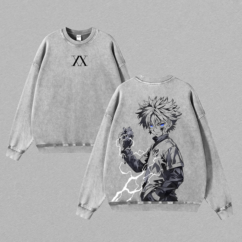 KILLUA Hunter X Hunter Anime Double Printed Vintage Washed Tee Unisex Oversize Heavyweight Cotton Tshirt for Anime Fans and Lovers Comfort Streetwear Fabric Oversized Top Womenswear