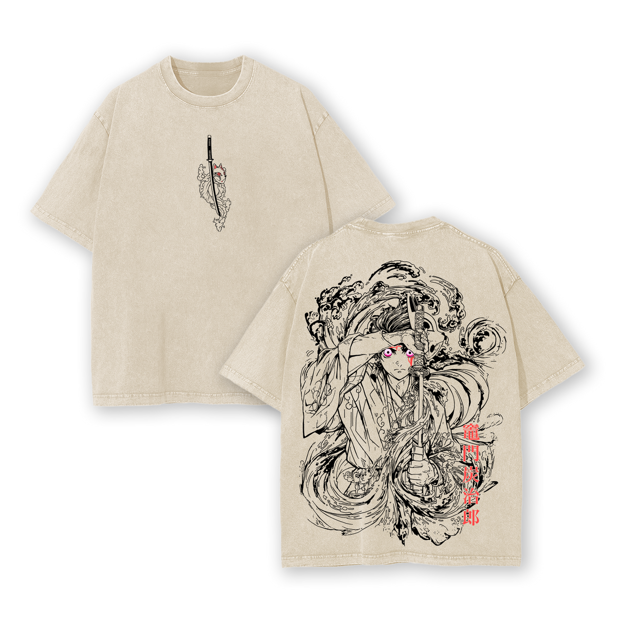 Vintage Tanjiro Kamado Washed T-Shirt, Double Sided Oversized Graphic Tee, Anime Streetwear Inspired By Demon Slayer Hero