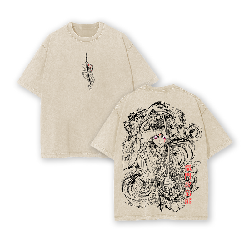 Vintage Tanjiro Kamado Washed T-Shirt, Double Sided Oversized Graphic Tee, Anime Streetwear Inspired By Demon Slayer Hero