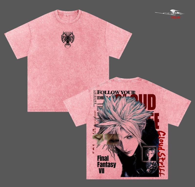 Cloud Strife Final Fantasy VII Anime Double Printed Vintage Washed Tee Unisex Oversize Anime Manga Washed Heavyweight Cotton T-shirt