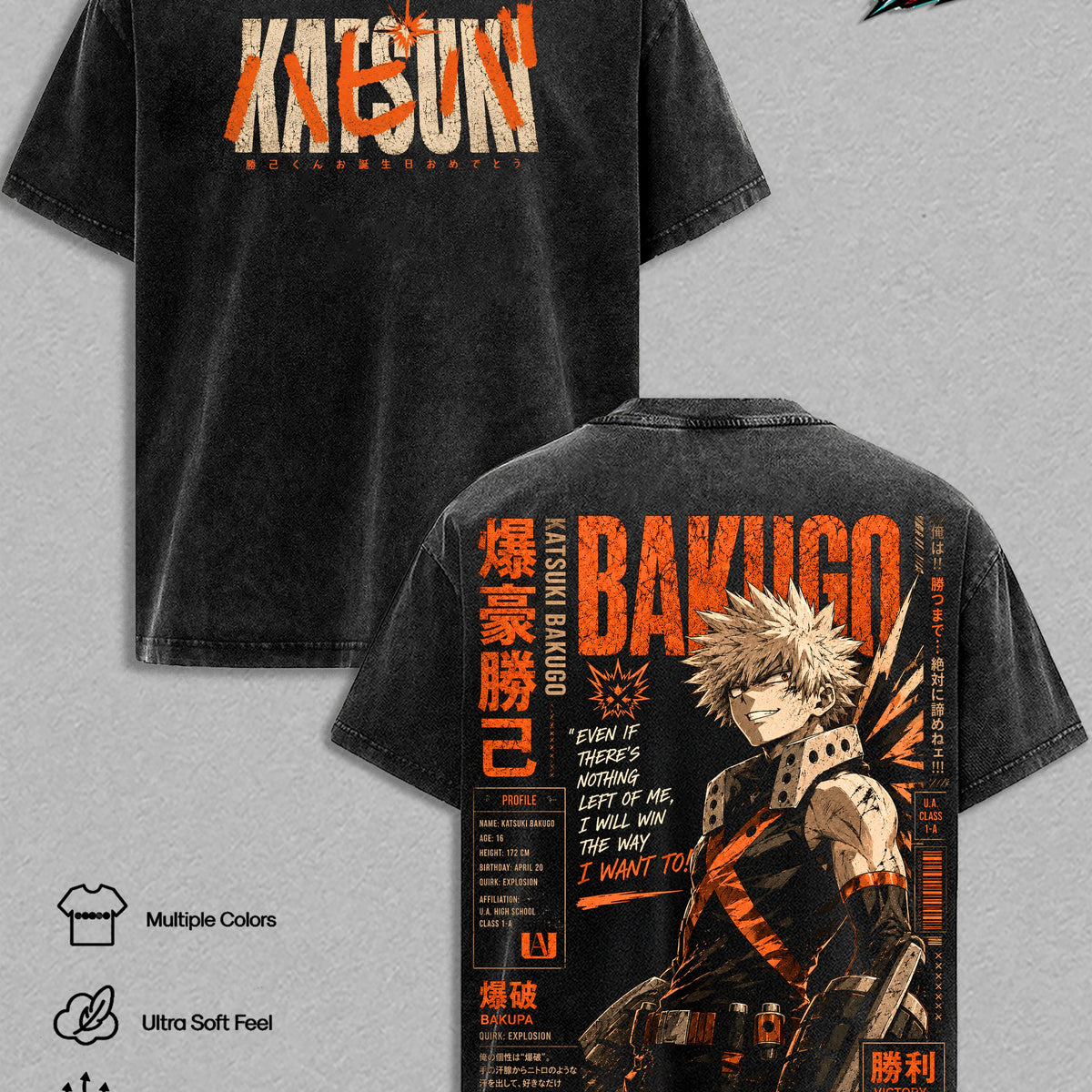 Katsuki Bakugo Vintage Washed T-Shirt - Anime Graphic Tee Heavyweight Cotton Oversized Streetwear Top Unisex Manga Shirt Gift For My Hero Academia Fans Men & Women