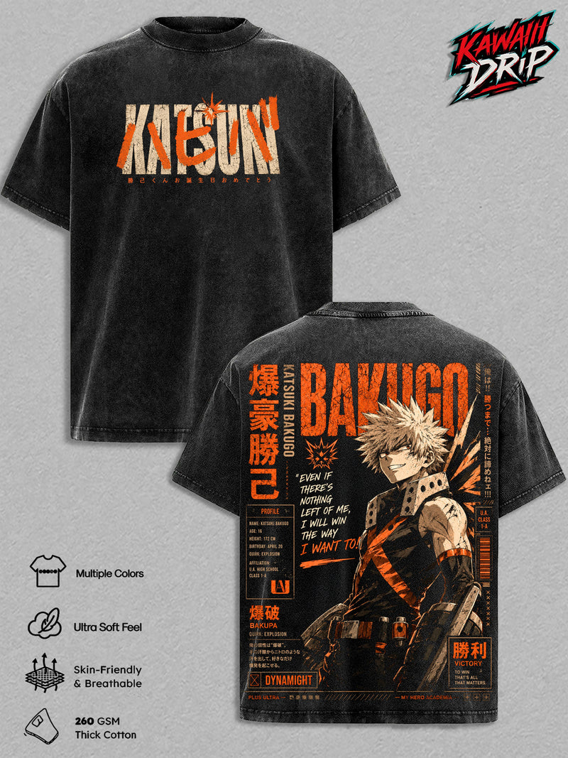 Katsuki Bakugo Vintage Washed T-Shirt - Anime Graphic Tee Heavyweight Cotton Oversized Streetwear Top Unisex Manga Shirt Gift For My Hero Academia Fans Men & Women