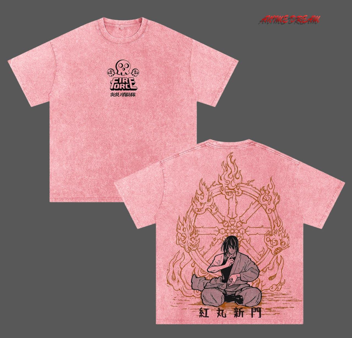 Shinmon Benimaru Fier force Anime Double Printed Vintage Washed Tee Unisex Oversize Anime Manga Washed Heavyweight Cotton T-shirt