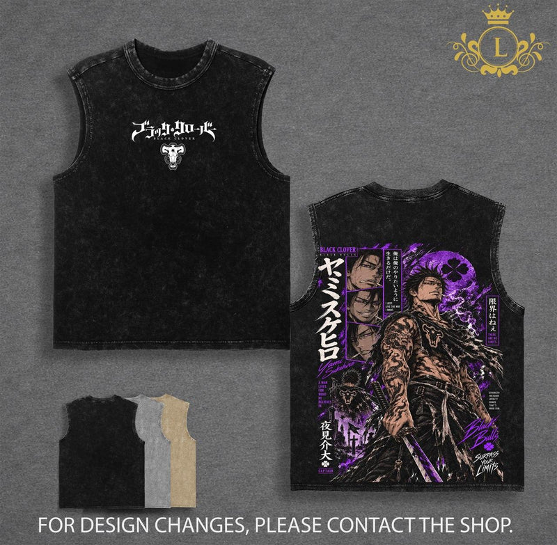 Limited Yami Sukehiro Black Clover Vintage Washed T-Shirt | Black Bulls Captain Anime Graphic Tee | Oversized Streetwear Heavy Cotton Manga Shirt